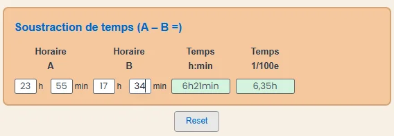 Mauricette Calculette -Soustraction de temps (A – B =)
